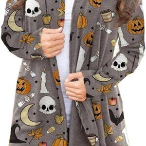 Plus Size Halloween Cat & Pumpkin Cardigan - Cozy Long Sleeve Knit Wear
